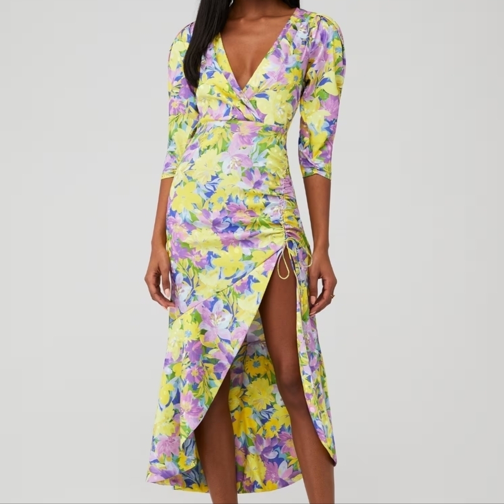 For Love & Lemons Yellow Purple Floral V-Neck High Slit Fitted Cassia Midi Dress